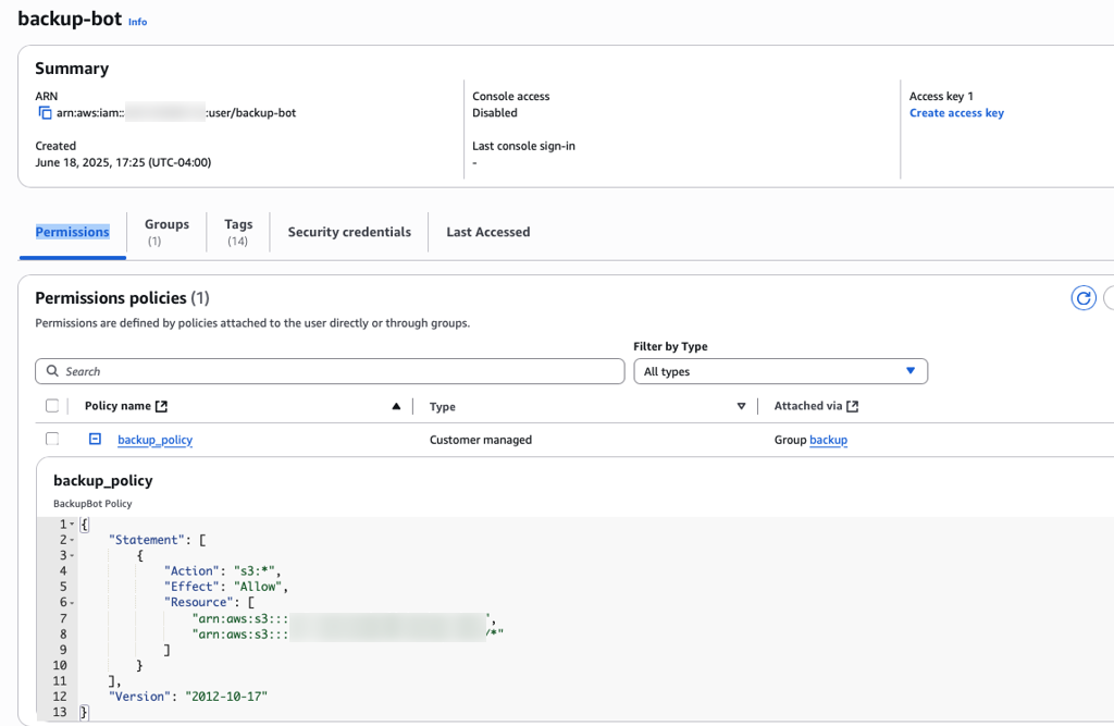 IAM > Access Management > Users > backup-bot 
